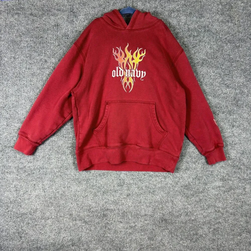 Old Navy Hoodie Youth Size M Red Vintage Y2K Flames Graphic Sweatshirt 2005